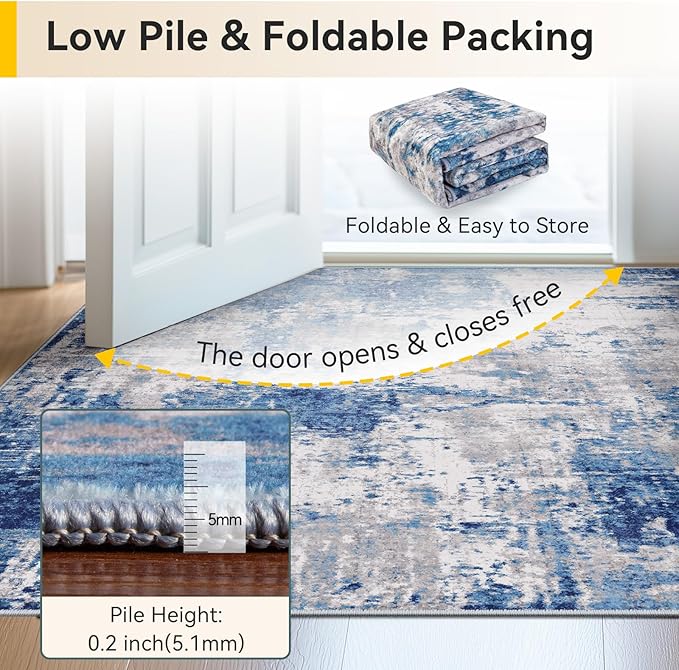 Washable Area Rugs 8ft Non-Slip Modern Abstract Soft for Living Room Entryway Bedroom Nursery, Print Pattern, Blue Grey Navy Gray