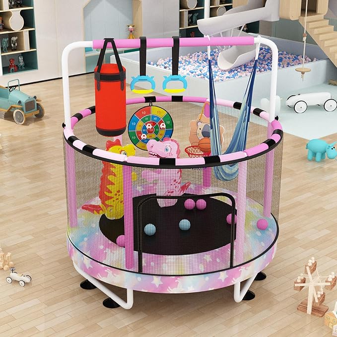 LAMERGE 55" 7-in-1 Round Trampoline for Kids Boys & Girls Ages 1-8, Indoor & Outdoor Trampoline for Fun, Adjustable Height Handrail ＆ Enclosed Safety Net ＆ Durable Designs for Toddlers Children