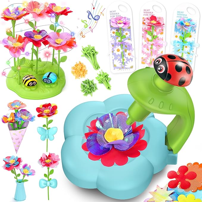 KLAPTOR Arts and Crafts for Kids Ages 4-6: Toys for Ages 5 6 7 8 9 – Birthday Gifts & Craft Set for Girl Age 3-9 - DIY 30+ Flower Bloom Maker with Music Light Base Vase Fridge Magnets Cards