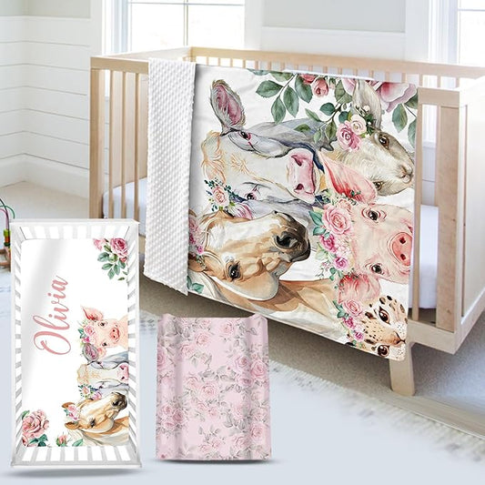 Custom Name Crib Bedding Set - Horse & Cow Pattern, Personalized Floral Nursery Bedding 3-Piece Set– Soft Blanket, Fitted Sheet, Changing Pad Cover – for Newborns Girls Nursery Gifts