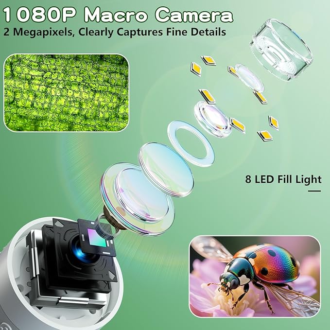 Microscope for Kids with 12 Slides, 100X-1000X 1080P Digital Handheld Kids Microscope, Mini Portable Pocket Miniscope Science Toys Gifts for 3+ 4 5 6 7 8 9 10 11 12 Year Old Boys Girls, White