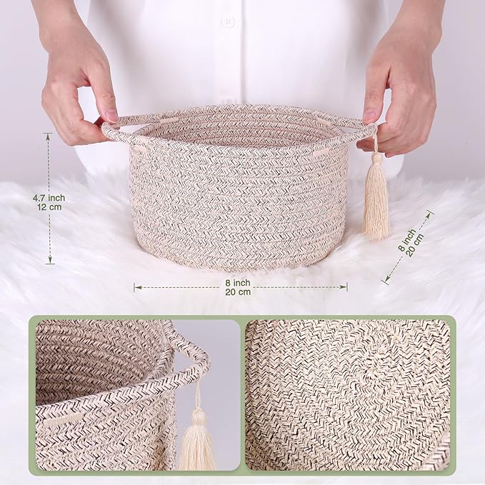 Empty Gift Basket – SweetMemo Mini Woven Rope Organizer Baskets for Gifting, Baby Shower, Desk, Makeup Brushes, Bathroom, Shelves – Small Decorative Storage Bin with Gift Bag & Ribbon – Warm Brown