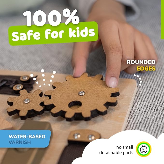 Montessori Busy Board for Toddlers, Premium Wooden Toddler Busy Board for 1 2 3 Year Old with 10 Educational Activities for Fine Motor Skills, Sensory Activity Toy for Travel, Gift for Boys & Girls