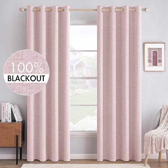 MIULEE Linen Texture Curtains for Bedroom Solid 100% Blackout Thermal Insulated Pink Curtains Grommet Room Darkening Drapes for Living Room Nursery 52x96 Inch (2 Panels)