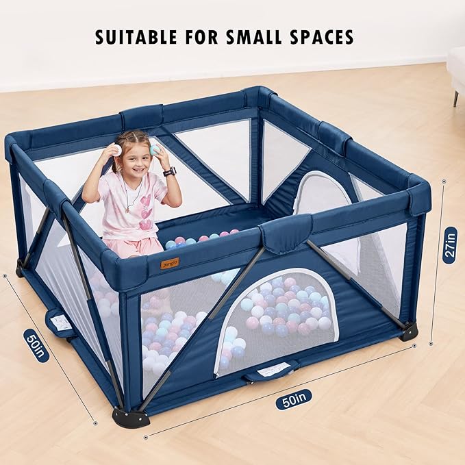 Baby Playpen Foldable, Playard for Babies and Toddlers, Portable Playpen Activity Center with 50 Balls+2 Handles for Travel, Indoor & Outdoor Play Pen with Mesh 50''x50''