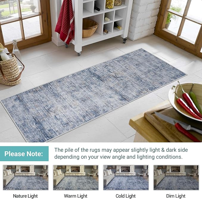 Runner Rug 2'6''x8' Kitchen Runner Rug: Modern Abstract Washable Area Rug with Non-Slip Backing, Thin Long Carpet Runner for Hallway, Bedroom, Laundry Room-Blue/Brown