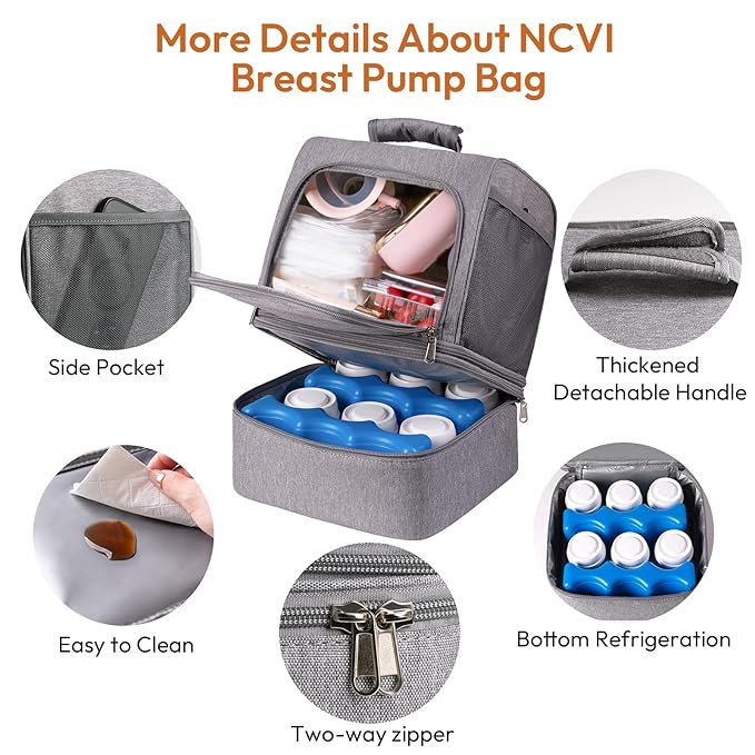 NCVI Breast Pump Bag, Double Layer Removable Pump Bag for Spectra S1, S2, Medela, Breast Pump Backpack with Ice Pack, Insulated Breast Milk Cooler Bag for Working Nursing Moms, Grey