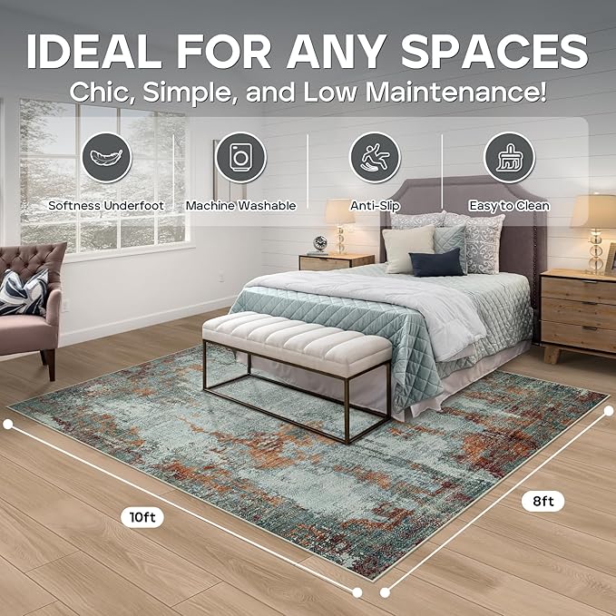 8x10 Area Rugs for Living Room Rug Washable: Modern Large Rug for Dining Room Bedroom Carpet Non Slip 8 by 10 Indoor Abstract Nursery Home Office Red Brown