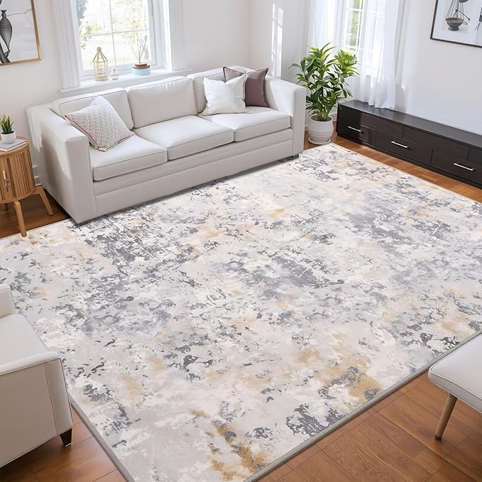 8x10 Grey Area Washable Rugs for Living Room, Abstract Modern Non Slip Bedroom Rugs, Neutral Large Low Pile Carpet Stain Resistant for Dining Room, Kids Playroom, Office