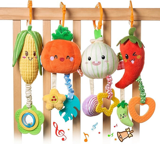 TUMAMA Hanging Baby Toys, 4 Pack Vegetable Crib Stroller Baby Gym Mobile Plush Toys, Early Baby Cognitive Sensory Hanging Rattle Toys with Teether. Suitable for Babies 0, 3, 6, 9, 12 Months
