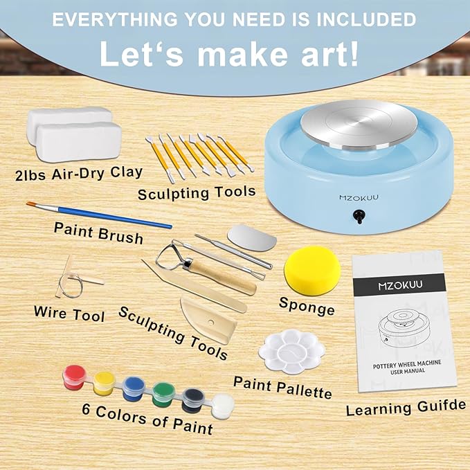 Mini Pottery Wheel Kit - 6" Pottery Wheel for Kids, Teens & Adults Beginners, 2 Lb Air Dry Clay & 18PCS Clay Tools Included, Crafts for Home DIY, Ceramic Work & Art Creatio