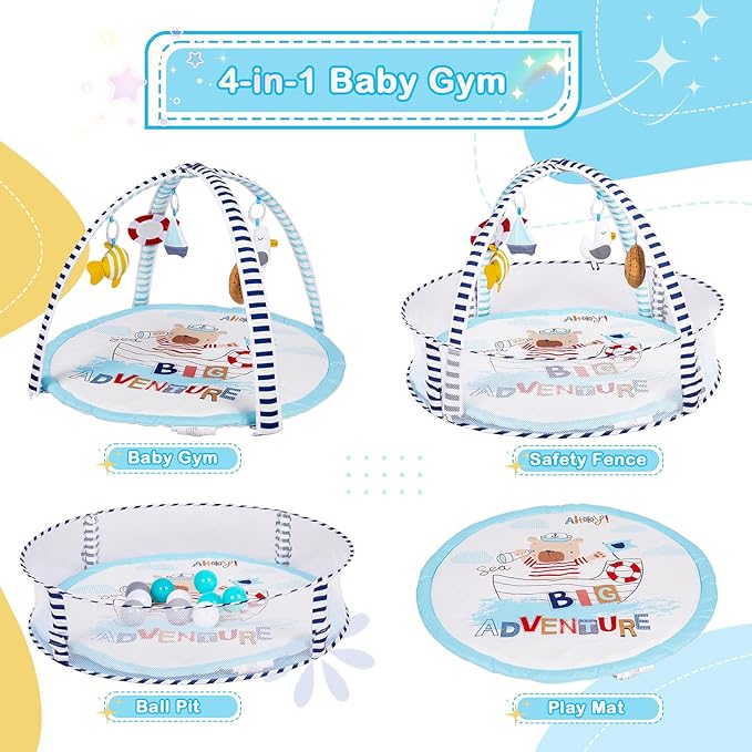 Baby Play Mat, 4-in-1 Baby Play Gym Tummy Time Mat with Ball Pit and 5 Detachable Toys for Newborn to Develop Sensory Exploration and Motor Skill 0-6-12 Months