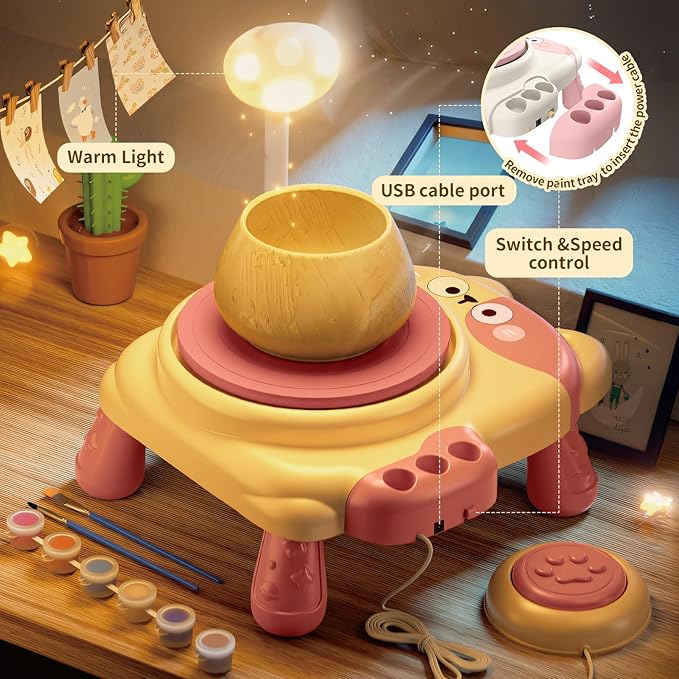 Skirfy Pottery Wheel for Kids Beginners with Light,Arts and Crafts for Kids Ages 8-12,Ceramic Wheel with Painting Kit, Adjustable Speed,Birthday Christmas Thanksgiving Gift for Girls Boys Age 6+