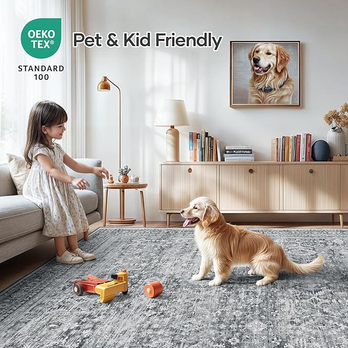 Lofus 8x10 Area Rug for Living Room,Grey Washable Large Rugs with Non-Slip Backing,Soft Neutral Carpets for Bedroom Dining Room Home Office Indoor Nursery