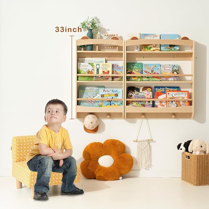 Wall Bookshelf - 3-Tier Floating Wooden Shelves for Kids Room, Nursery, Baby Room, Playroom, Living Room - Birch Hanging Montessori Bookshelf (Narrow)