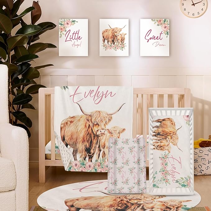 Personalized Nursery Crib Bedding Set: Custom Name Floral 5 Piece Baby Crib Sets with Highland Cow Design - Toddler Double Layer Blanket Set, Comfortable Crib Bed Sheets for Baby Grils