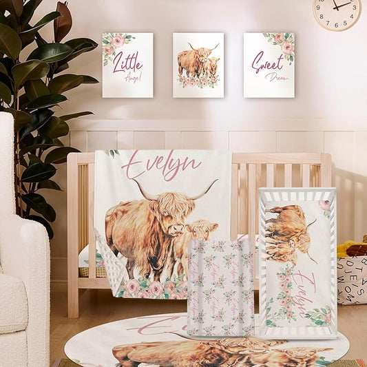 Personalized Nursery Crib Bedding Set: Custom Name Floral 5 Piece Baby Crib Sets with Highland Cow Design - Toddler Double Layer Blanket Set, Comfortable Crib Bed Sheets for Baby Grils