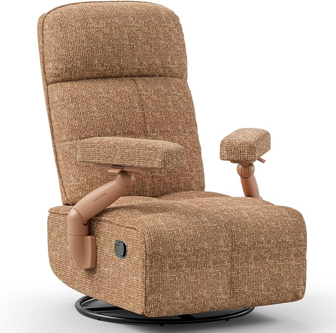 Nursery Swivel Glider Recliner Chair with Adjustable Armrests & Headrest, Rocking Chair Nursery with Removable Cover for Breastfeeding, FSC & Oeko-TEX Certified, Brown