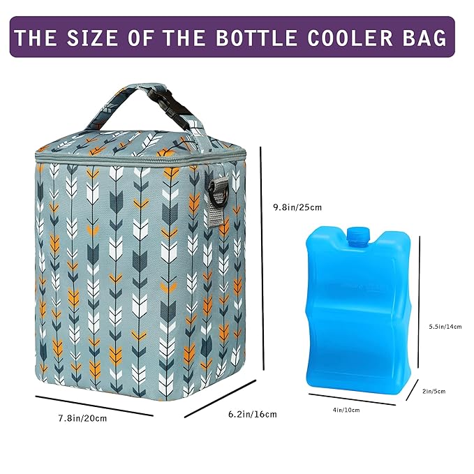 Breastmilk Cooler Bag with Ice Pack Fits 4 Baby Bottles Up to 9 Ounce Insulated Baby Bottle Bag Breast Milk Cooler on The Go with Strap Baby Bottle Cooler Bag for Nursing Mom Daycare or Travel