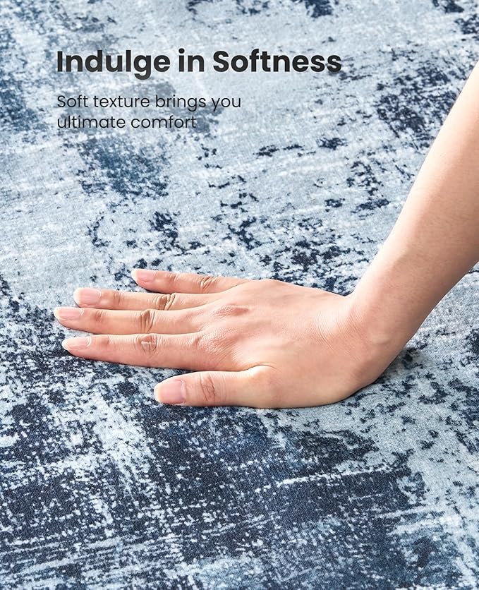 Amada 8x10 Washable Area Rug, Modern Abstract Living Room Rug with Non-Slip Backing & Short Pile, Large Rug with Abstract Pattern for Living Room, Bedroom and Dinning Room, Dark Blue