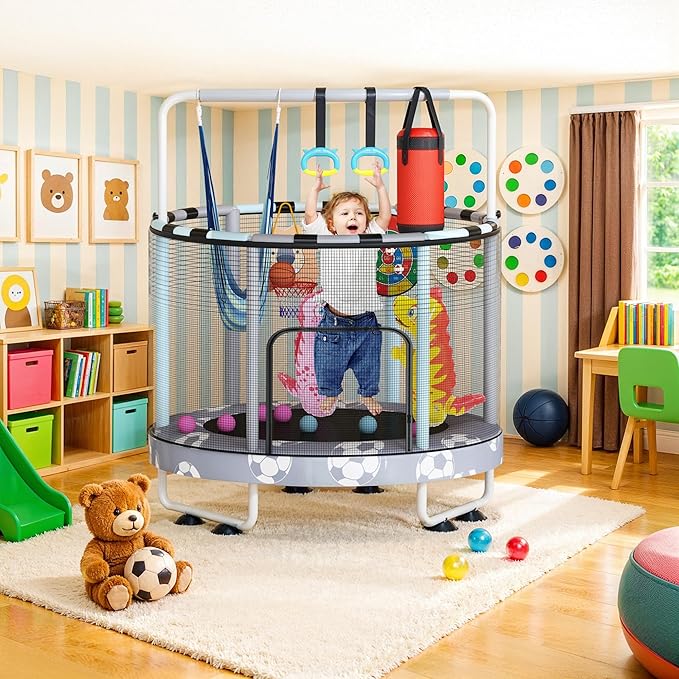 LAMERGE 55" 7-in-1 Round Trampoline for Kids Boys & Girls Ages 1-8, Indoor & Outdoor Trampoline for Fun, Adjustable Height Handrail ＆ Enclosed Safety Net ＆ Durable Designs for Toddlers Children