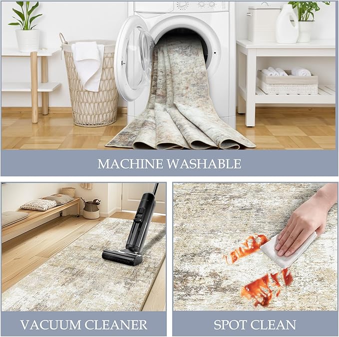 Washable Area Rugs 6'x9' Non-Slip Modern Abstract Soft for Living Room Entryway Bedroom Nursery, Print Pattern, Neutral Brown Gray