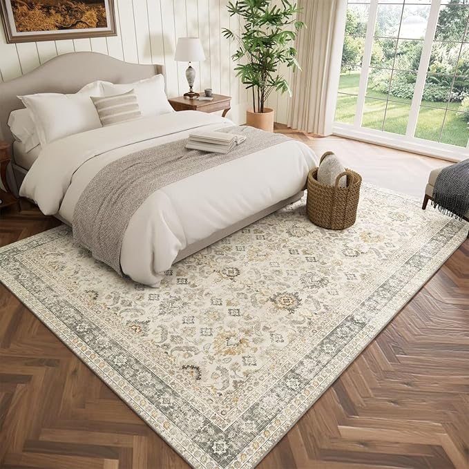 Washable 5x7 Area Rugs for Living Room, Boho Non-Slip Silicone Backing Rugs for Bedroom Dining Room Nursery Office, 0.3" Neutral Oriental Throw Carpet with 0.16" Cushioning Pad, Grey/Multi