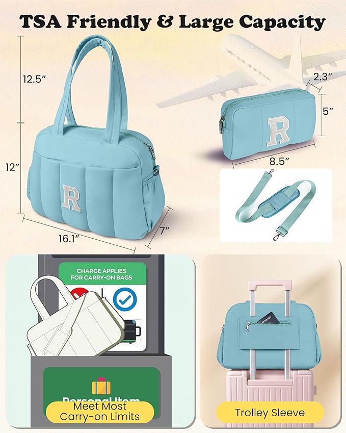 Duffle Bag, Weekender Bags for Girl，Gifts for Teen Girls 16-18-Initial Overnight Bag with Wet Pocket，Lightweight Dance Bags Personalized Gymnastics bag with Makeup Pouch