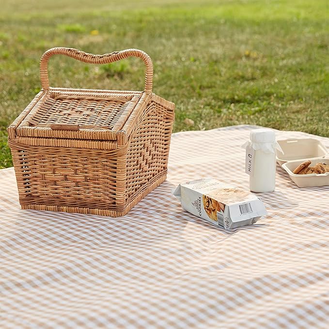Cute Gingham Picnic Blanket, Waterproof Foldable, in Large 80x60in and Extra Large 80x80in, Portable Compact Beach Blanket, Oversized XL Outdoor Mat (Tan, X-Large)