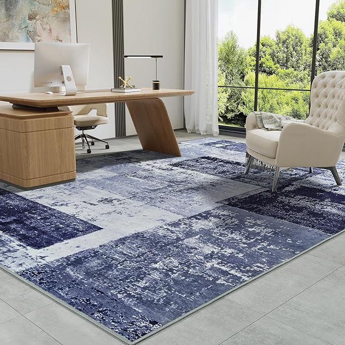 LOCHAS Rug for Living Room, Washable Soft Area Rugs for Bedroom 8x10, Abstract Carpet for Indoor Office Kids Dining Room Nursery Floor, Blue Geometric Vintage Home Decor, Non Slip, Pet Child Friendly