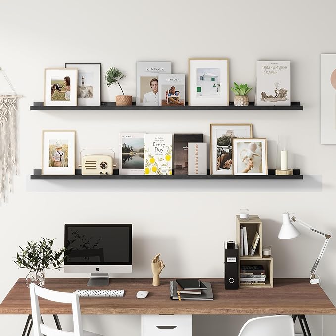 Picture Ledge Shelf, Floating Shelves Set of 2, Solid Pine Wood 72'' Long Large Nursery Book Shelves for Toys Storage, Kids Bookshelf for Living Room Bedroom Decor Books Photo Frames, Black