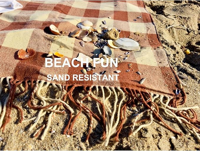 Picnic Blanket Extra Large Waterproof with Strap 59"x79" - Machine Washable Tassels Faux Wool Cashmere for Park, Grass, Camping, Hiking, Concerts (Latte with white shoulder strap, 59"X79")