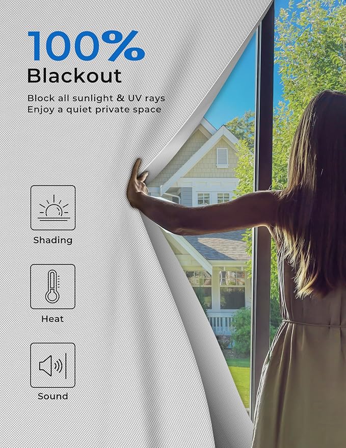 Sumobaby Blackout Curtains for Bedroom 114"x57" Portable No Drill Black Out Curtains with Heat-Resistant Magic Tapes,100% Blackout Blinds Easy to Cut Fit for Home Cinema,Dorm Room,Nursery(White)
