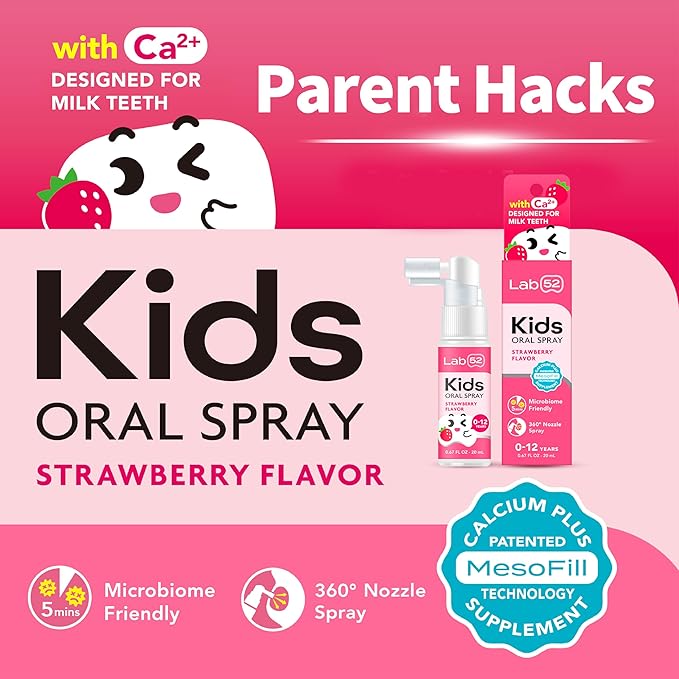 LAB52 Kids Oral Spray, Toddler Toothpaste Helper for Daily Oral Care and Fresh Breath, Children Approved with Fluoride Free for Newborn to Preschoolers, Xylitol Strawberry Flavor