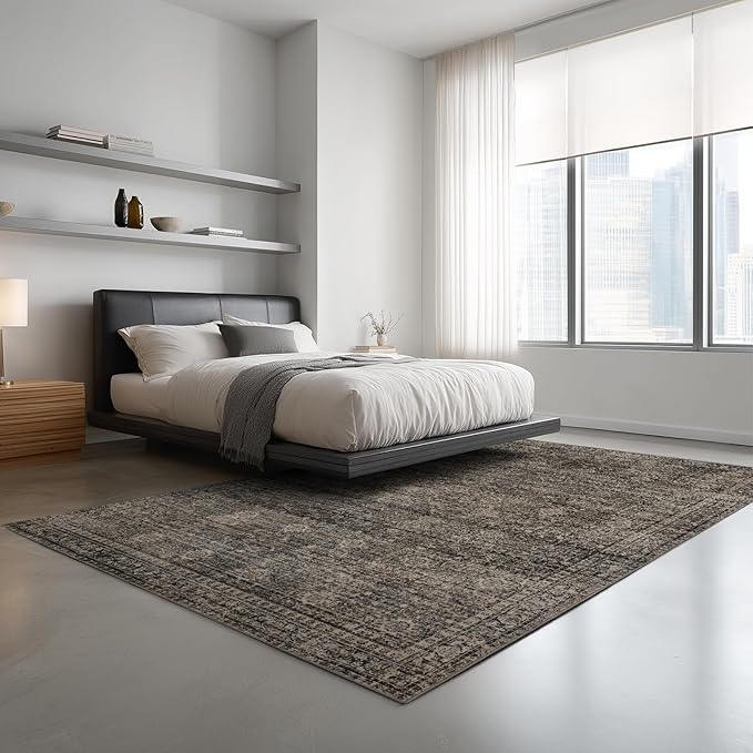 Washable Rugs 5x7 Area Rugs for Living Room, Thin Carpet for Bedroom, Soft Faux Wool Retro Dining Room Rug，Non Slip&Non-Shedding Resistant Low Pile Vintage Print Rug for Home Office (Brown)