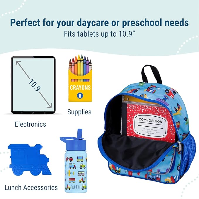 Wildkin 12-inch Kids Backpack – Padded, Adjustable, Ideal for Daycare & Travel - Trains, Planes, and Trucks