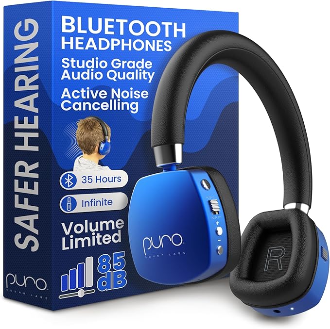 Puro Sound Labs PuroQuiet Plus Noise Cancelling Headphones for Kids, Bluetooth Kids On Ear Headphones with Mic, Lightweight On-Ear Design, Studio-Grade Sound (Blue)