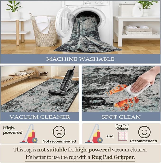 Washable Area Rugs 9'x12' Non-Slip Modern Abstract Soft for Living Room Entryway Bedroom Nursery, Print Pattern, Blue Black Teal