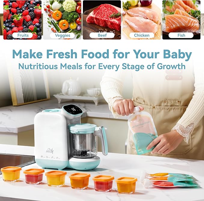 Chefhandy Baby Food Maker, Steamer & Blender, Puree Maker with Auto/Manual Blend, Steam Basket, Bottle Warmer & Sterili-zer, Compact Easy-to-Clean Baby Food Processor (White Blue)