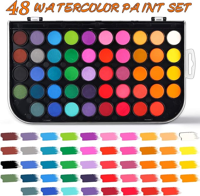 Watercolor Paint Set, 48 Color Watercolor with 10 PCS Nylon Brushes,6 PCS Refillable Water Brush Pen, 10 Page Pad(A4) and 2 PCS Art Sponges. Watercolor Paint set for Adults,Children and Beginners.