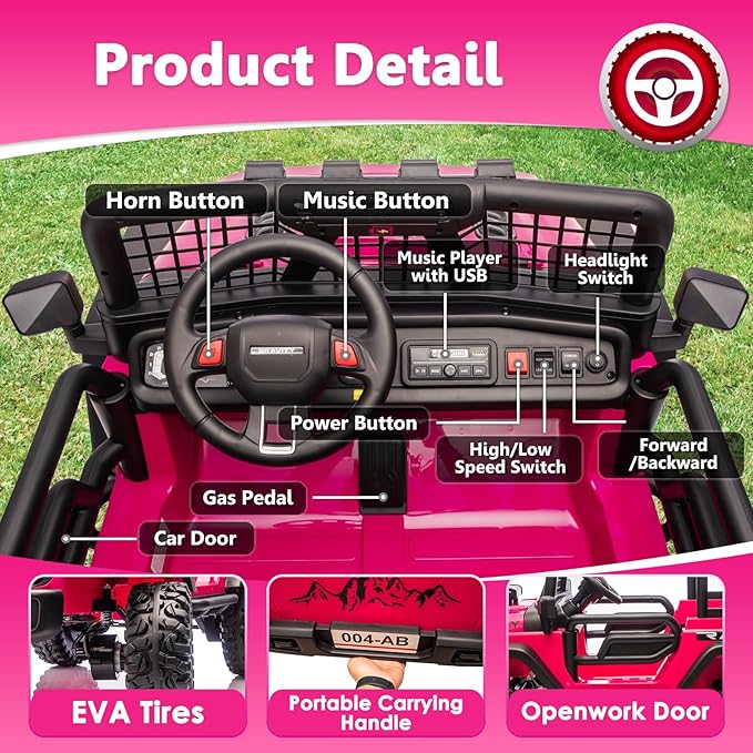 Sopbost 24V 7Ah 2 Seater Ride On Truck Ride On Toy for Big Kids Ride On Car with Remote Control Off-Road Electric Car with Shock Absorber, LED Lights, Bluetooth Music Player, EVA Tires, Pink