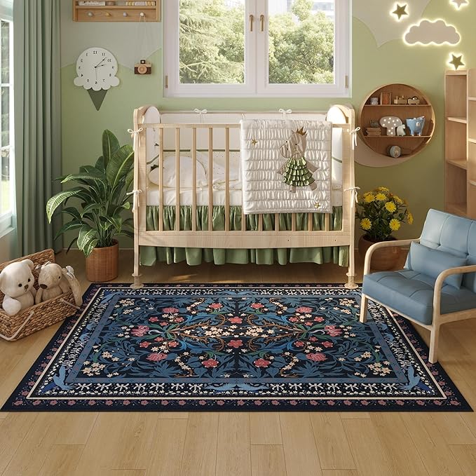 Bedroom Rug 3x5 Rug Washable Area Rug Non Slip Low Pile Vintage Floral Botanical Small Carpet for Bedroom, Bedside, Kitchen, Entryway, Kids Room, Office, Blue