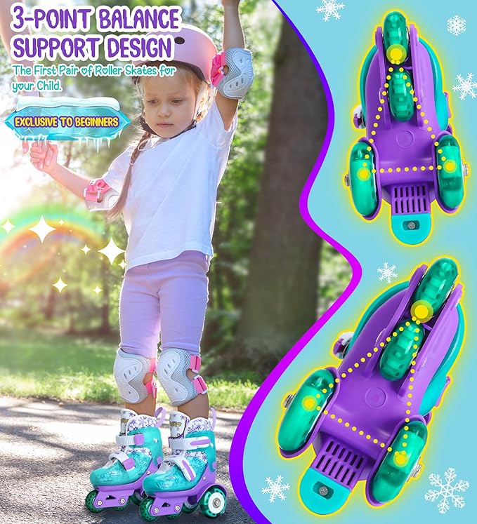 Adjustable Roller Skates for Kids Girls Ladies with Light Up Flash LED Wheels(Age 3-9),Three-Point Type Balance,Gift Box Packing for Toddlers,Children