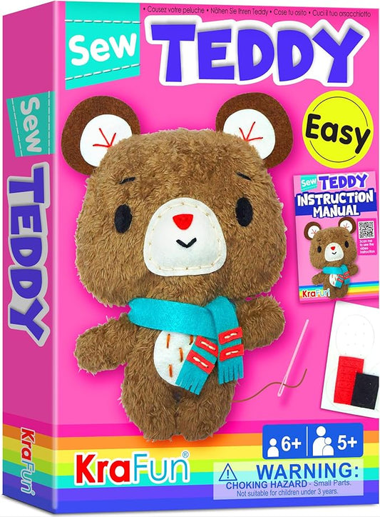 KRAFUN Teddy Bear Animal Sewing Kit for Kids Beginner My First Art & Craft, Includes Teddy Doll Stuffed Doll, Instructions & Plush Felt Materials for Learn to Sew, Embroidery, Age 7 8 9 10 11 12