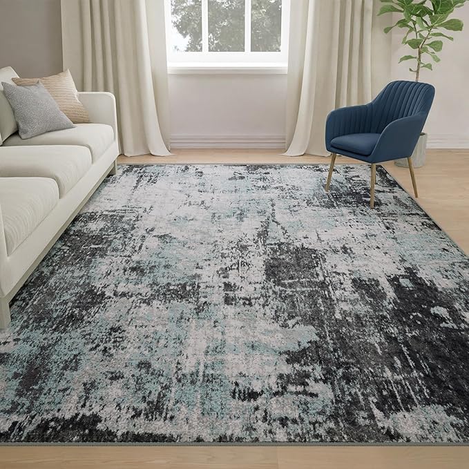 Washable Area Rugs 4'x6' Non-Slip Modern Abstract Soft for Living Room Entryway Bedroom Nursery, Print Pattern, Blue Black Teal