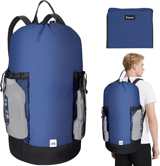 BALEINE 120L Laundry Bag Backpack, 900D Oxford Fabric Large Travel Laundry Bags with Shoulder Straps and 2 Mesh Pockets for College Dorm, Apartment, Laundromat (Navy, 120L)