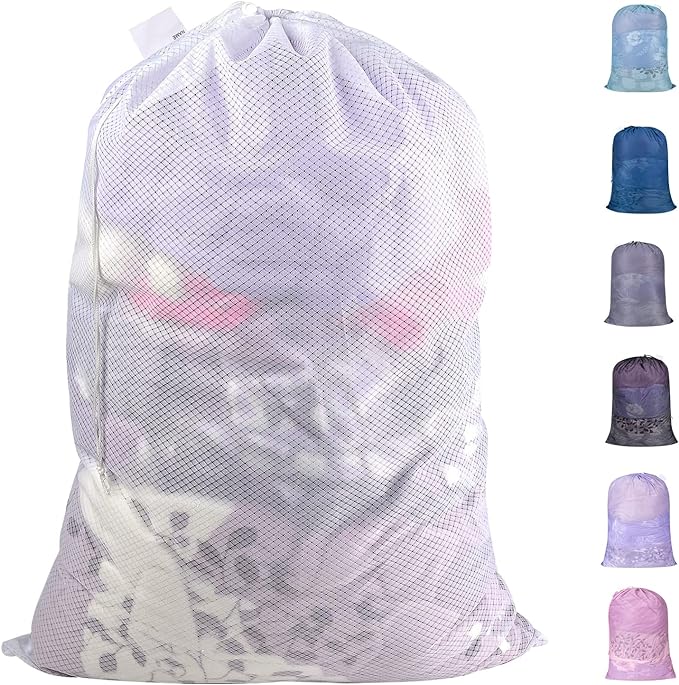 Polecasa Heavy Duty Diamond Mesh Laundry Bags, 24 x 36 inches Large Mesh Laundry Bag with Drawstring Closure and ID Tag, Laundry Hamper Liner, Laundry bag for College, Travel, Sports, Dorms,White