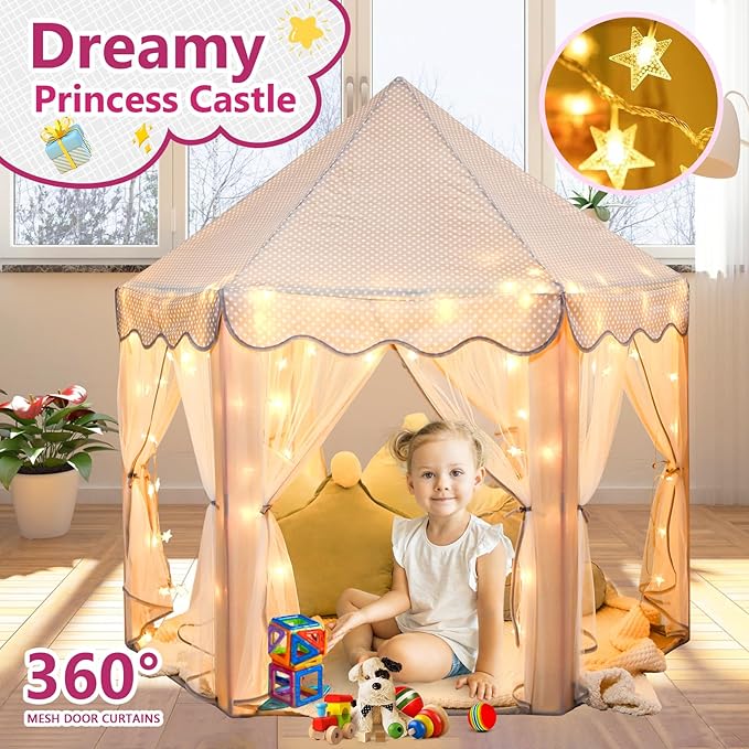 Monobeach Princess Tent Girls Large Playhouse Kids Castle Play Tent with Star Lights Gift Toy for Children Indoor and Outdoor Games, 55'' x 53'' (DxH) (Grey)