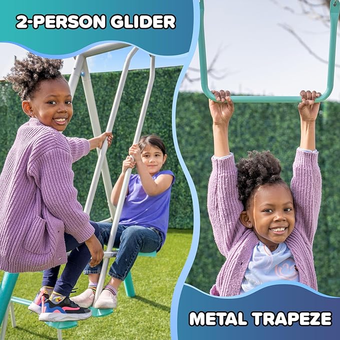 Sportspower MSC-4510-TL Arcadia Metal Swing Set with 5’ Slide, Trapeze, & 2-Person Glider Swing, Teal