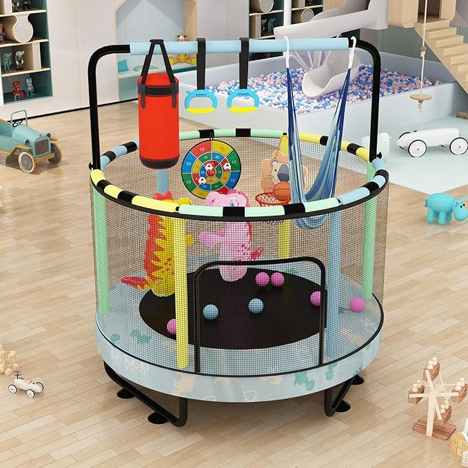 LAMERGE 55" 7-in-1 Round Trampoline for Kids Boys & Girls Ages 1-8, Indoor & Outdoor Trampoline for Fun, Adjustable Height Handrail ＆ Enclosed Safety Net ＆ Durable Designs for Toddlers Children